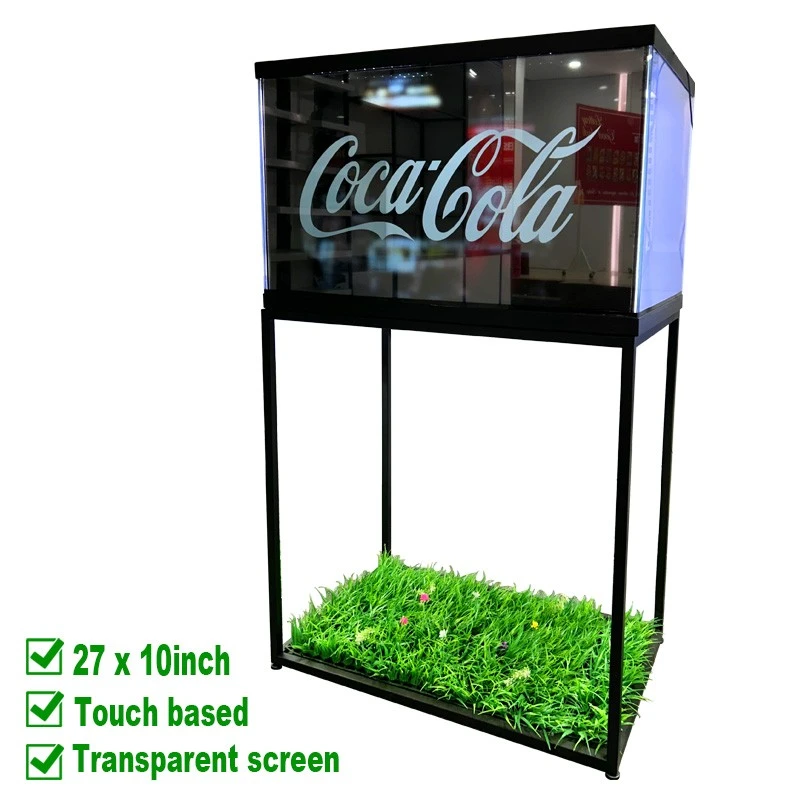 Pantalla táctil transparente con soporte metálico de 27x10